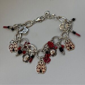 Brighton Palmer Ladybug Charm Bracelet Black Red Silver Charms Rhinestone Whimsy